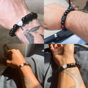 Men's zodiac stone bead bracelet with black obsidian and 12 constellations charms