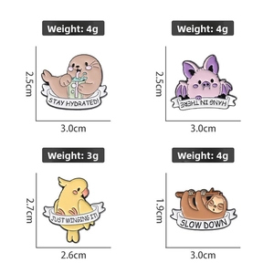 Detailed view of four purple enamel pins featuring cartoon animals with funny slogans