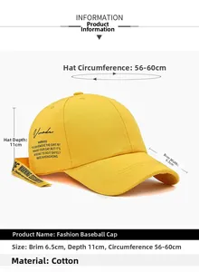 Detailed measurement guide for yellow cotton baseball cap with adjustable strap and size info