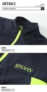 Dettaglio della giacca sportiva con cerniera giallo neon e stampa su tessuto blu navy