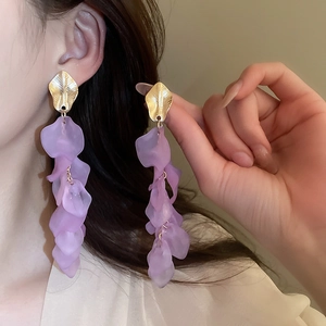 Elegant purple petal tassel drop earrings with golden leaf studs for women