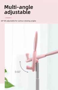 Detail of pink rabbit ear phone stand showing 0-60 degree adjustable metal support arm