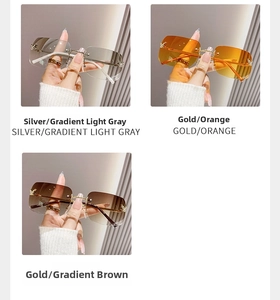 Detail of Y2K rimless sunglasses with gradient lenses and decorative metal temples