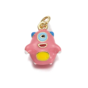 Detail of pink cartoon dinosaur charm with blue eyes and gold hanging loop