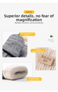 Detail of knitted convertible mittens with plush thermal lining and leather patch logo