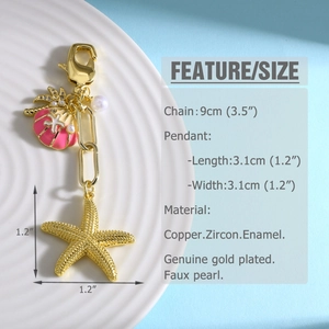 Detail of starfish and pink enamel shell keychain with gold plating and pearl accents
