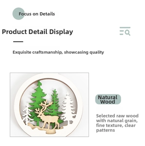 Detail of multi-layer wooden Christmas ornament featuring deer and pine forest carvings
