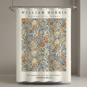 Waterproof William Morris Golden Lily floral shower curtain with white hanging rings