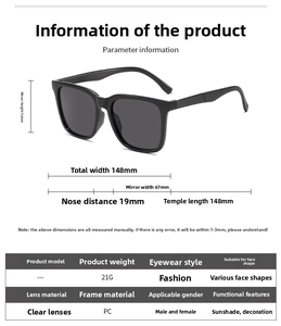 Detailed size chart of unisex PC sunglasses showing lens width 67mm and frame width 148mm