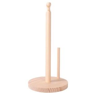 Vertical wooden kitchen paper towel holder with round base and stand in natural wood finish