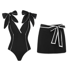Women One Piece Swimsuit And Skirt Elegant Bowknot Contrast Piping Beach Swimwear Nylon High Elasticity