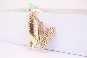 Macro shot of detailed golden butterfly pendant with textured finish on a gift box