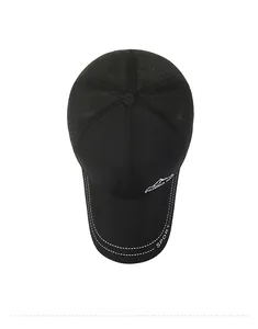 Top view of black mesh baseball cap showing breathable design and sport embroidery