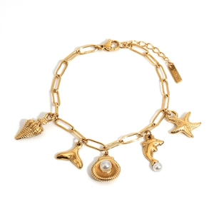 Golden stainless steel ocean theme bracelet with seashell, starfish and pearl charms