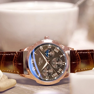 Men Quartz Watch Luminous Waterproof Business Casual Wristwatch With Leather Strap Moon Phase Chronograph For Students