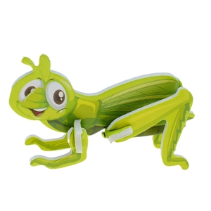 Detailed view of green 3D cartoon grasshopper puzzle toy made of layered foam board