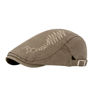 Vintage cotton washed newsboy flat cap with letter embroidery and metal buckle