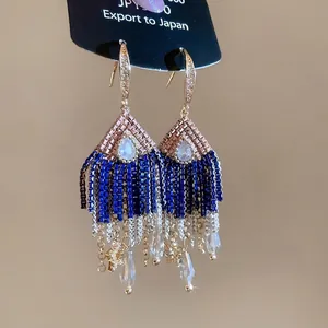 Bohemian Tassel Earrings With Silver Earring Post Copper Zircon Blue Glass Beads Star Waterdrop Long Fringe Jewelry Women