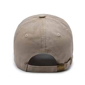 Back view of a khaki cotton distressed baseball cap with adjustable metal buckle and stitching