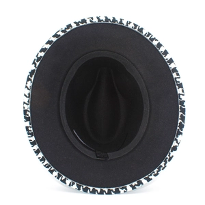 Vintage unisex black jazz hat with patterned brim detail in 65% cotton and 35% polyester