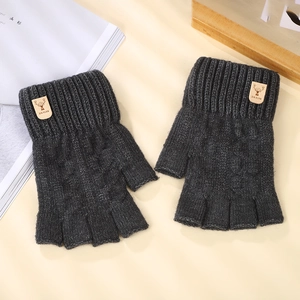 Dark gray knitted alpaca wool half-finger gloves with rib cuffs and decorative leather patch