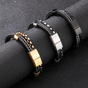 Men's multilayer braided leather bracelet with stainless steel magnetic clasps in three colors