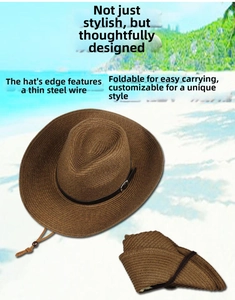 Chapeau de soleil pliable en paille marron avec bordure filaire et cordelette réglable