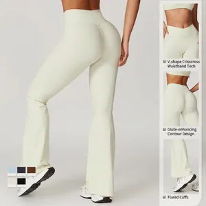 Eco-friendly high waist flared yoga pants with crossover V-waist and butt lifting design
