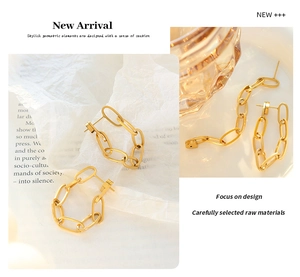 Detailed macro view of gold geometric double chain tassel earrings on textured paper