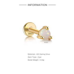 Detailed macro view of 4mm white opal stone set in gold 925 sterling silver earring stud
