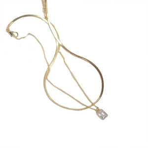 French vintage double-layered titanium steel necklace with square crystal pendant in gold