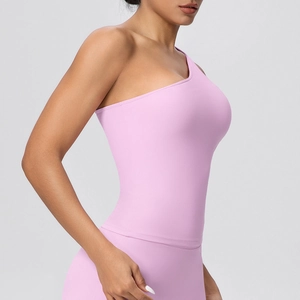 Detail of lavender one-shoulder yoga sports bra showing slim fit and elastic matte fabric