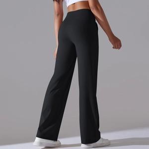 Detailed back view of high-waisted black yoga wide-leg pants with smooth premium texture