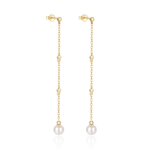 Detailed view of the S925 silver stamp on gold-plated pearl tassel earrings