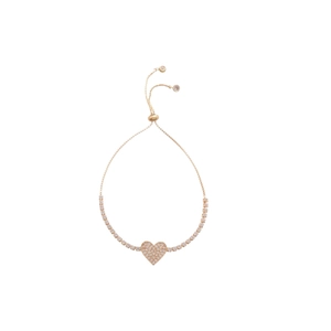 Sparkling zircon heart pendant bracelet with adjustable gold chain on white background