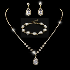 Detailed close-up of sparkling cubic zirconia teardrop necklace and earring set in gold