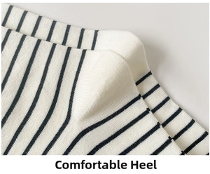Detail shot of the comfortable heel and striped knit texture on white cotton socks