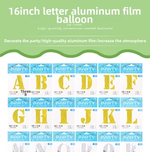 Detailed view of 16-inch gold and silver foil letter balloons in individual card packaging
