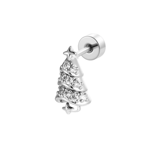 Sparkling silver Christmas tree cartilage stud earring with micro-set zircon crystals