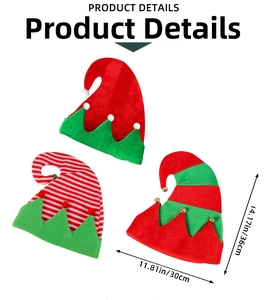 Detailed view of striped elf hats with bells in festive red and green soft fabric