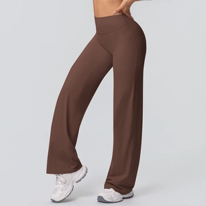 Side view of dark brown high-waisted wide-leg yoga pants showing slimming straight-leg fit