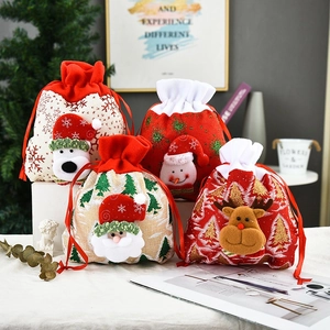 Christmas gift drawstring bags with 3D Santa, Snowman, Reindeer, and Bear motifs