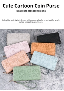 Detail of floral embossed texture and metallic zipper on multi-color long wallets