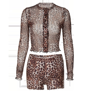 Detail of leopard print mesh fabric on long sleeve cardigan and slim fit shorts set