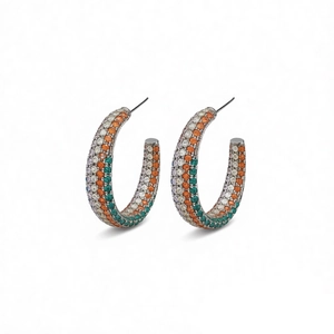 Vintage silver needle C-shaped hoop earrings with four rows of colorful pave zircons