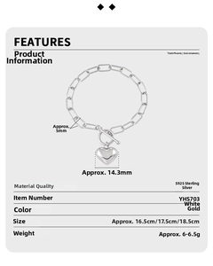 Specifications of S925 silver heart bracelet with OT clasp and rectangular chain links