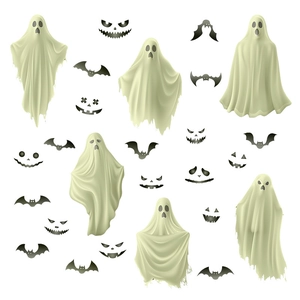Luminous Halloween ghost and bat window stickers with 3D white ghosts and black silhouettes
