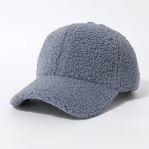 Close-up of textured grey fuzzy teddy fleece baseball cap with classic six-panel structure