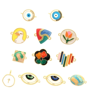 Enamel Evil Eye Heart Cross Duck Flower Charms Connectors Gold Plated Copper For DIY Bracelet Necklace Making Jewelry Findings