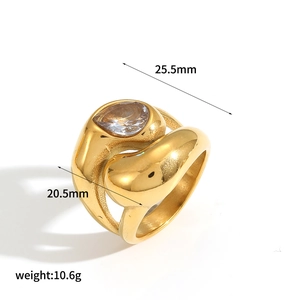 Golden heart stainless steel ring with water drop diamond showing full size dimensions